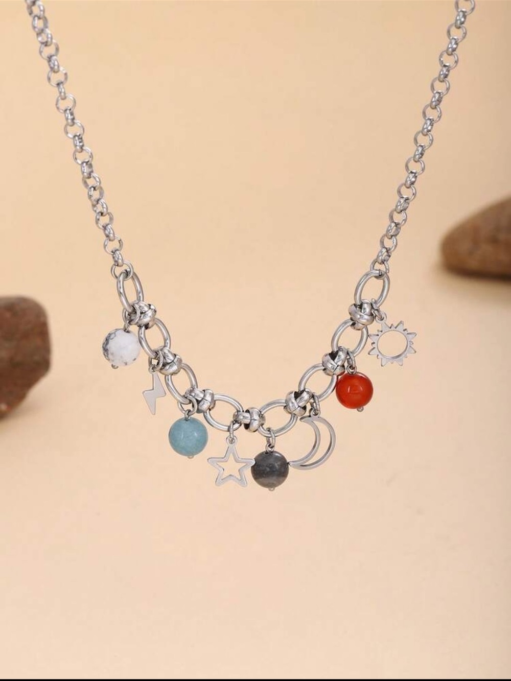 Silver Multi-Charm Pendant Necklace with Colored Beads